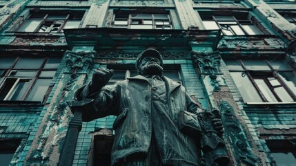 Poster - A statue of a man holding a gun in front of a building. Suitable for security or crime concept
