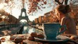 A blue cup of coffee, a few little sakura cookies, a few sakura on the table, close up, the Eiffel Tower, Seine,  morning sun lights, generated with AI