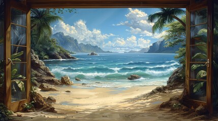  A beautiful hand painted mural of the beach with palm trees and rocks on both sides, depicting the ocean in a blue color with green waves crashing onto golden sandy beaches, generated with AI