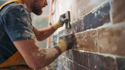 Poster - A man using a hammer to paint a brick wall, suitable for construction or DIY projects