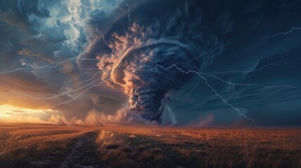 Poster - A dramatic scene of a large cloud of smoke and lightning over a field. Suitable for various concepts and designs