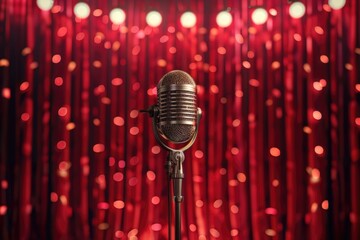 Aufkleber - A microphone on a stand in front of a red curtain. Ideal for music or performance related designs
