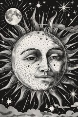 Poster - A black and white drawing of a sun with a face. Can be used for educational materials