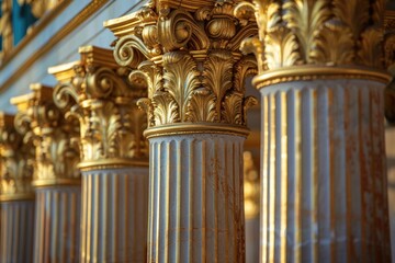 Poster - A row of gold and white columns in a building. Perfect for architectural design projects