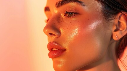 Poster - A detailed close-up of a woman's face with freckles. Suitable for beauty or skincare concepts
