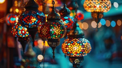 Poster - Colorful lights hanging from a ceiling, perfect for adding a festive touch to any event