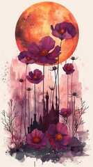 Aufkleber - a painting of flowers in front of a full moon. black, red and orange floral flat illustration black,