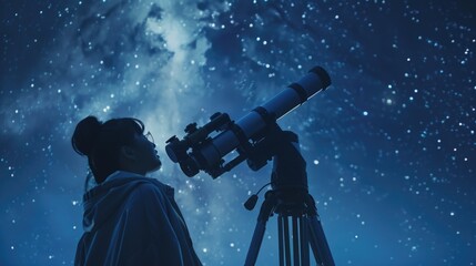 Poster - A man observing stars through a telescope. Suitable for science and astronomy concepts