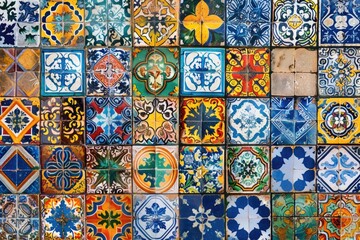Aufkleber - Colorful tiles arranged on a wall, suitable for interior design projects