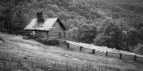 Poster - A serene black and white image of a log cabin in a peaceful setting. Ideal for rustic home decor