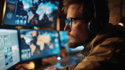 Poster - A man sitting in front of a computer with headphones on. Suitable for technology and work concepts