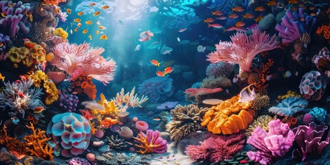 Poster - Colorful underwater scene with vibrant corals and swimming fish. Perfect for aquatic themed designs