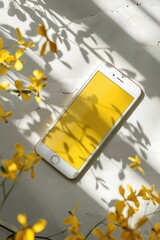 Aufkleber - A white cell phone resting on a table. Ideal for technology concepts