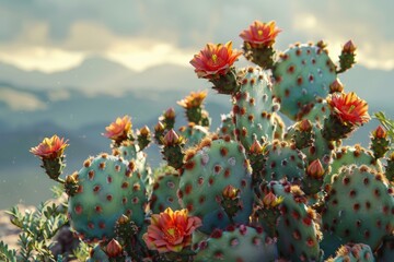 Poster - Close-up of a cactus plant with vibrant red flowers, perfect for desert and nature themes