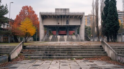 Aufkleber - A modern concrete building with steps leading up to it. Ideal for architectural and urban design concepts