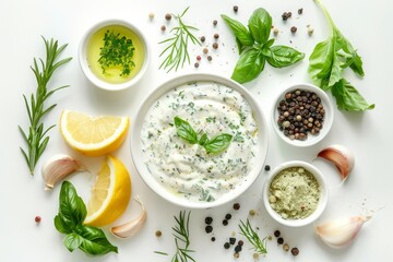 Wall Mural - Ingredients and tartar sauce on white background