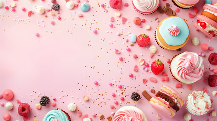 Beautiful serving of sweets, pink background with space for your text. View from above