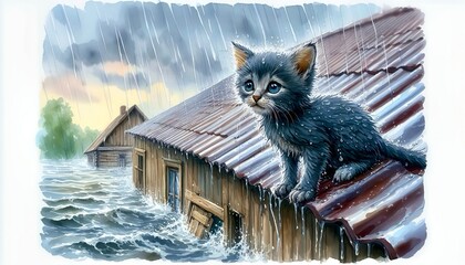 Wall Mural - A kitten escapes from a flood