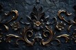 Dark luxury abstract background: Black forged elements with gold plating on a black lumpy raw base