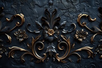 Wall Mural - Dark luxury abstract background: Black forged elements with gold plating on a black lumpy raw base