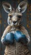 Black and white, high-contrast portrait of a kangaroo in blue boxing gloves, generated with AI