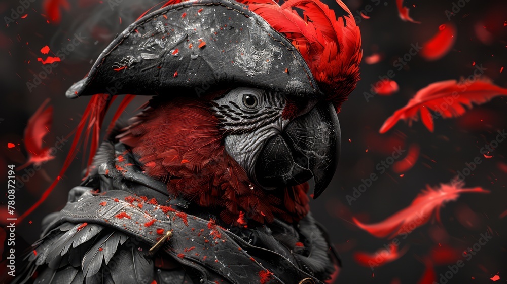 Black and white, high-contrast portrait of a parakeet parrot as a ...