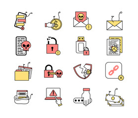 Poster - Hacking Sign Color Thin Line Icon Set Cyber Crime Concept Include of Malware and Phishing. Vector illustration of Icons