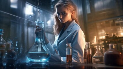 Leinwandbilder - woman wearing a lab coat is performing a precise experiment in a lab. The background is full of modern scientific instruments. 