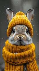 Wall Mural - Black and white, high-contrast portrait of a rabbit with yellow winter hat, generated with AI
