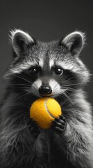 Wall Mural - Black and white, high-contrast portrait of a raccoon in tennis whites, the vivid yellow of the tennis ball in focus, ready for a serve, generated with AI
