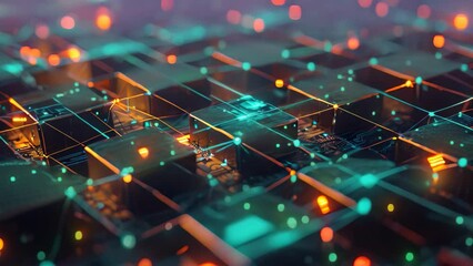 Poster - Close Up View of a QWERTY Computer Keyboard With Backlit Keys, Abstract visuals symbolizing blockchain cryptography, AI Generated