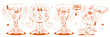 A set of cool pizza characters in sneakers and various poses in a monochrome palette. Trendy retro groovy style. Maskots for bar, restaurant, cafe.