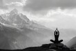 Black and white, old film style image. Serene, peaceful shot of a lone yoga practitioner in a graceful pose against a backdrop of the majestic Himalayas. No signage, license plates,, generated with AI