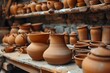 A neat arrangement of in-progress pottery pieces lined up on shelves, ready for the next steps in creation