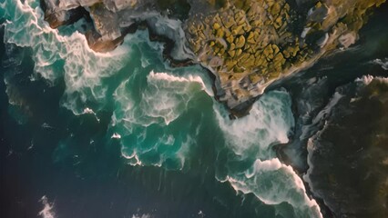 Wall Mural - Aerial View of the Ocean and Cliffs Along the Coastal Line, Aerial shot of a radiant sea hugging a jagged coastline, AI Generated