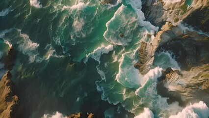 Wall Mural - This aerial photograph captures the vastness of the ocean, showcasing a sandy beach and the rhythmic motion of rolling waves, Aerial shot of a radiant sea hugging a jagged coastline, AI Generated
