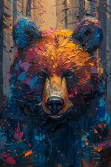 Wall Mural - Bear in the forest artwork in oil painting style with vibrant colors, resembling a splash art, generated with AI