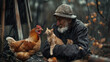 Old grandfather in the village with a chicken and a cat in rainy weather