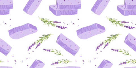 Wall Mural - Seamless soap pattern. Handmade natural Lavender soap. Soap bars with lavender grass. Vector flat Illustration for wallpaper, fabric, packing, wrapping. Natural organic spa products cosmetics