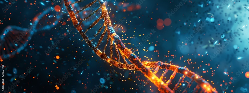 3D render of a double helix DNA structure floating in space, glowing ...