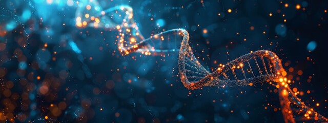 Wall Mural - 3d render of a double helix dna structure floating in space, glowing and sparkling with energy. dark