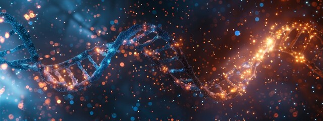 Wall Mural - 3d render of a double helix dna structure floating in space, glowing and sparkling with energy. dark