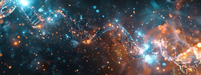 Wall Mural - 3d render of a double helix dna structure floating in space, glowing and sparkling with energy. dark