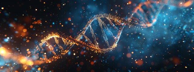 Wall Mural - 3d render of a double helix dna structure floating in space, glowing and sparkling with energy. dark