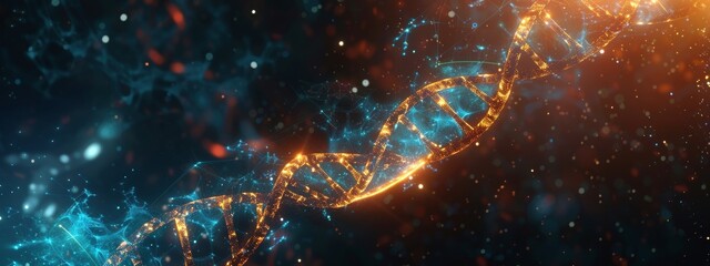 Wall Mural - 3d render of a double helix dna structure floating in space, glowing and sparkling with energy. dark