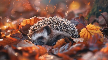 Wall Mural - Sleeping baby hedgehog on a pile of leaves, generated with AI