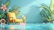 Summer beach concept, chair with ring floating and cocktails on blue background. 3d rendering, Bright color, realistic, generated with AI