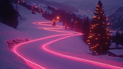 Wall Mural - Illuminated snow slope, where the evening glow is complemented by the geometric dance of laser beams. The ethereal lines of light follow the contours of the snow, wrapp, generated with AI