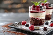 Red Velvet Tiramisu Cheesecake In A Glass Sweet Berries On The Table