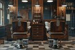 Retro barber chairs in stylish wooden barbershop